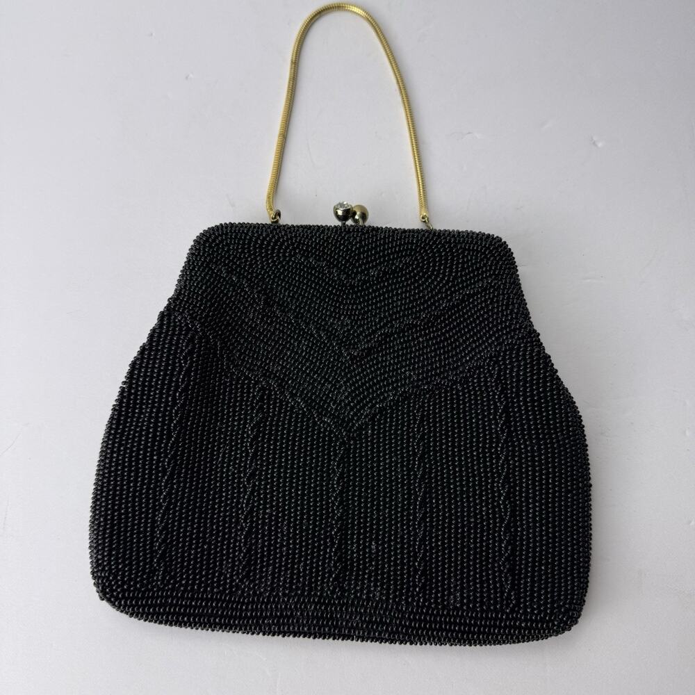Vintage Hand Beaded Purse Clutch Hand Bag Black japan Frame Gold Tone